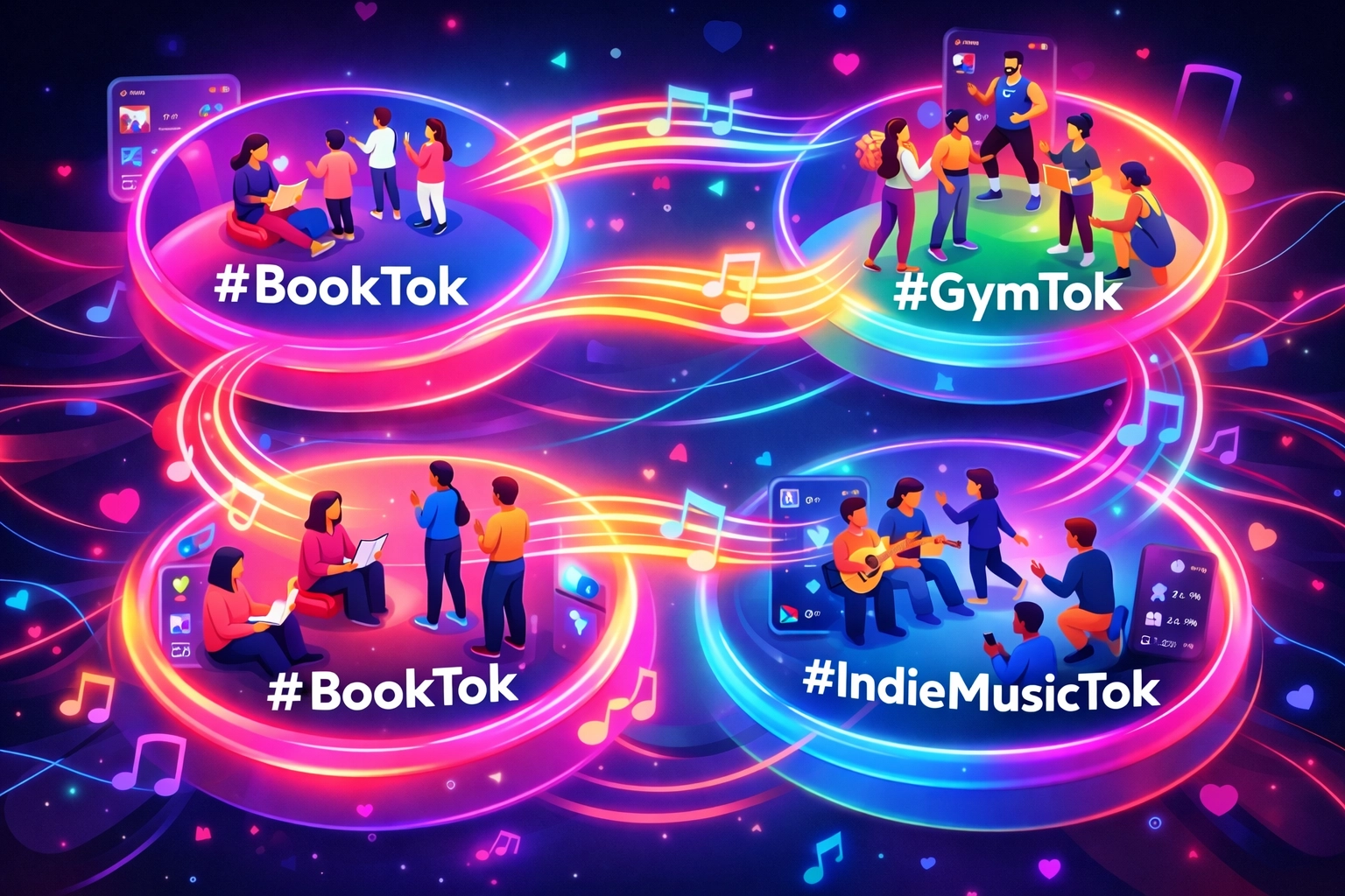 Connected TikTok niche communities sharing music across BookTok, GymTok, and other interest groups