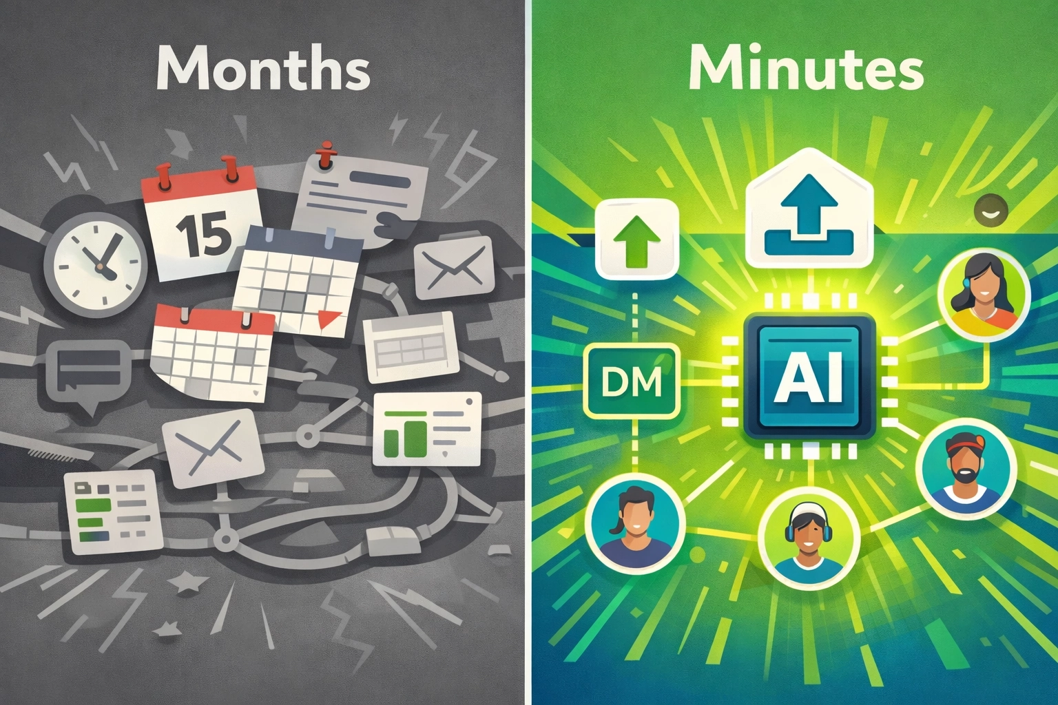 Traditional months-long music marketing versus instant AI-powered creator matching