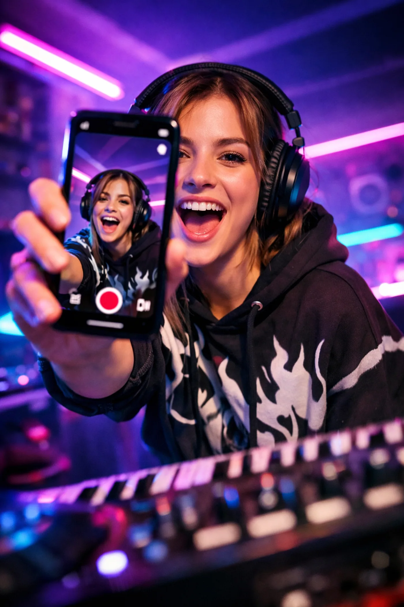 Music creator recording TikTok video with headphones in home studio for UGC campaign