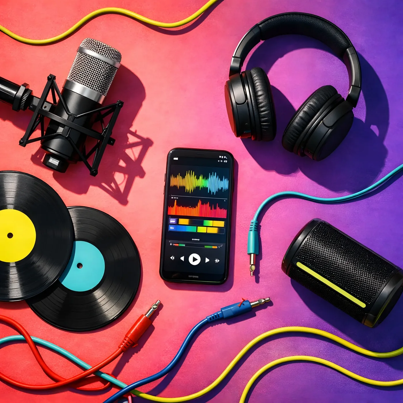 Music production equipment including microphone, headphones, and smartphone for creators